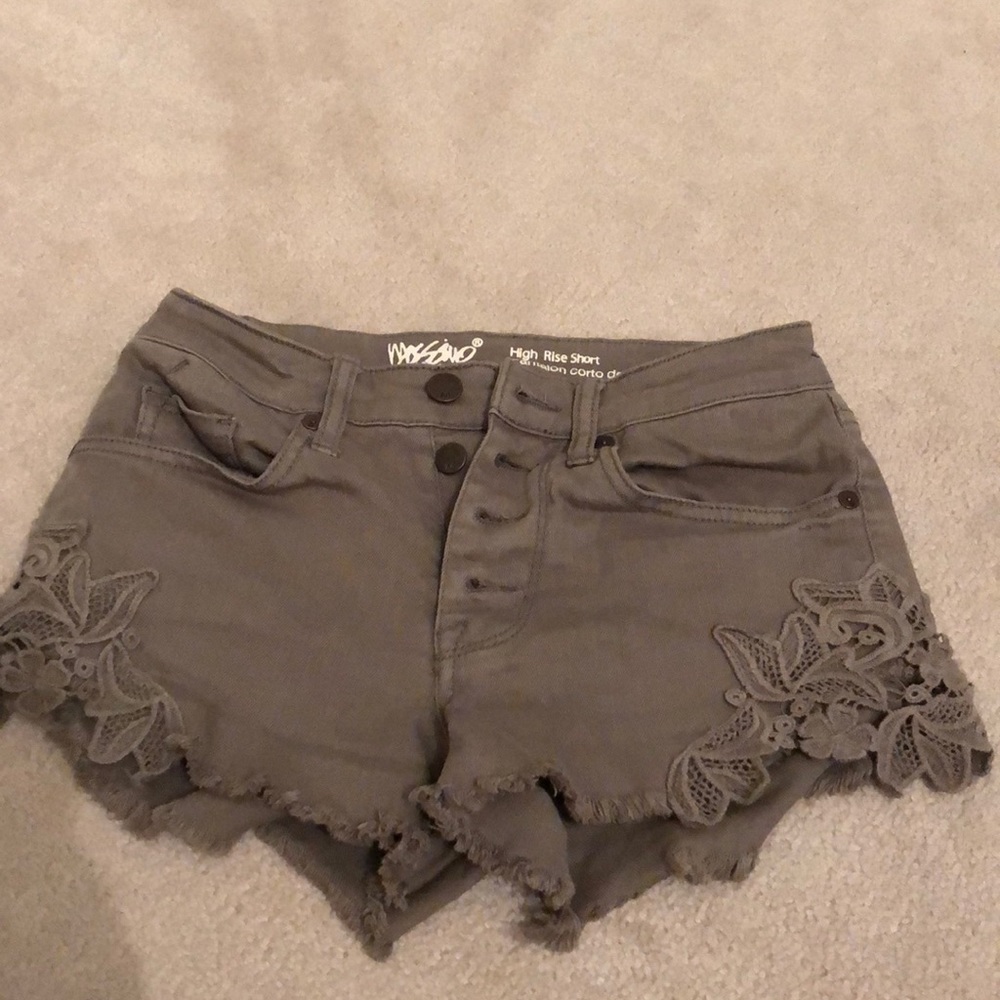 Olive colored jean shorts with lace